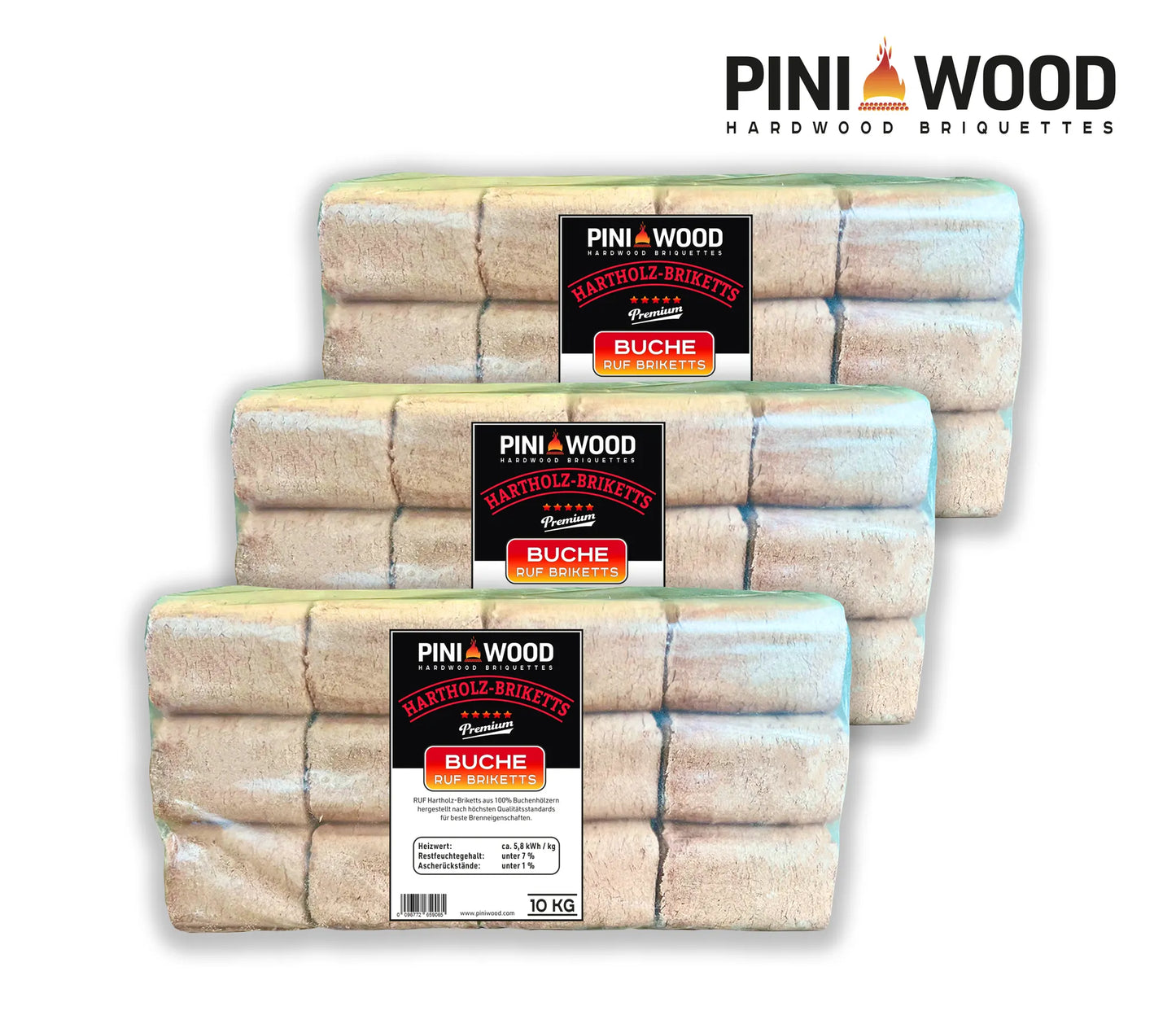 PINI 30 kg Holzbriketts 100% Buche Hartholzbriketts RUF Kamin Ofen Grill Feuerstelle Brennholz, 36 Briketts