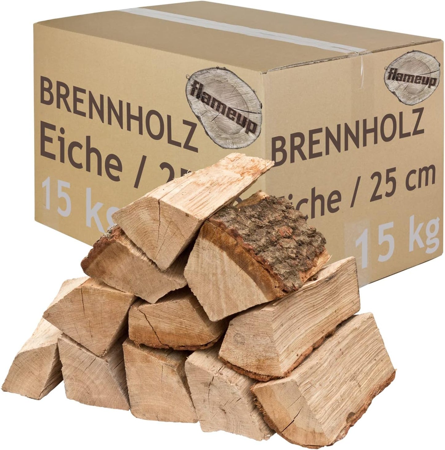 Brennholz Kaminholz Holz Eiche 5-500 kg Für Ofen und Kamin Kaminofen Feuerschale Grill Feuerholz Holzscheite Wood 25 cm kammergetrocknet flameup, Menge:15 kg