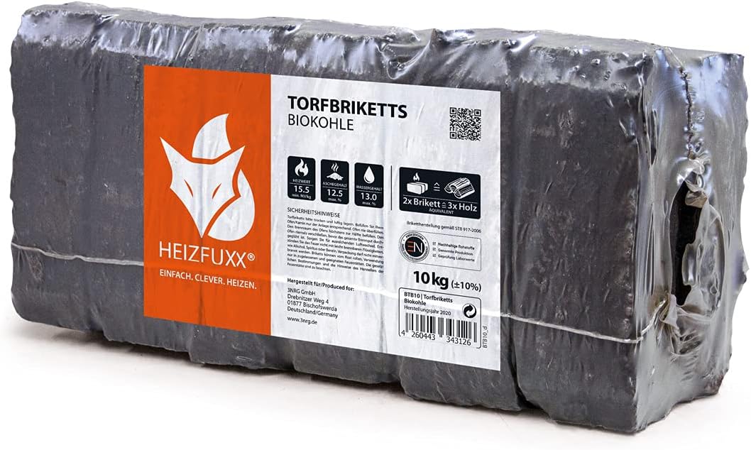 HEIZFUXX Torfbriketts Torfkohle Braunkohle Gluthalter Dauerbrenner Kamin Ofen Brenn Holz Heiz Kohle Brikett 10kg x 96 Gebinde 960kg / 1 Palette Paligo